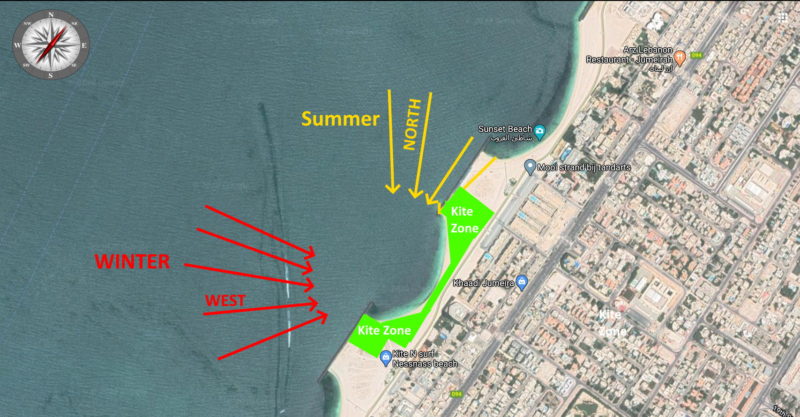 Map showing wind directions and kite zone for kite surfing at a beach in Dubai.