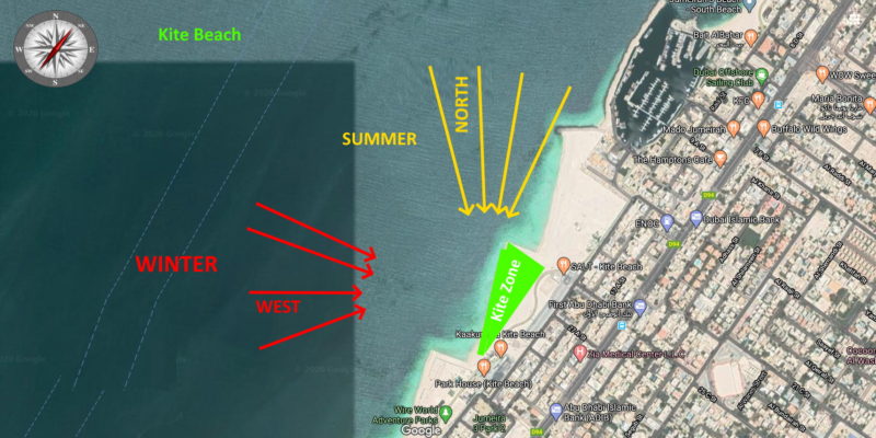 Map showing wind directions and kite zone for kite surfing at a beach in Dubai.