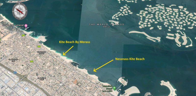 kite surf beach
Map highlighting Kite Beach by Merass and Nessnass Kite Beach in Dubai.