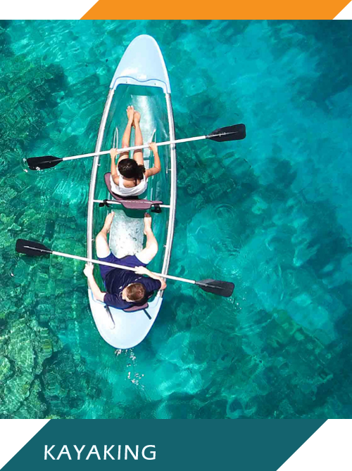 two people kayaking in clear blue waters with lush green trees in the background in Zanzibar.